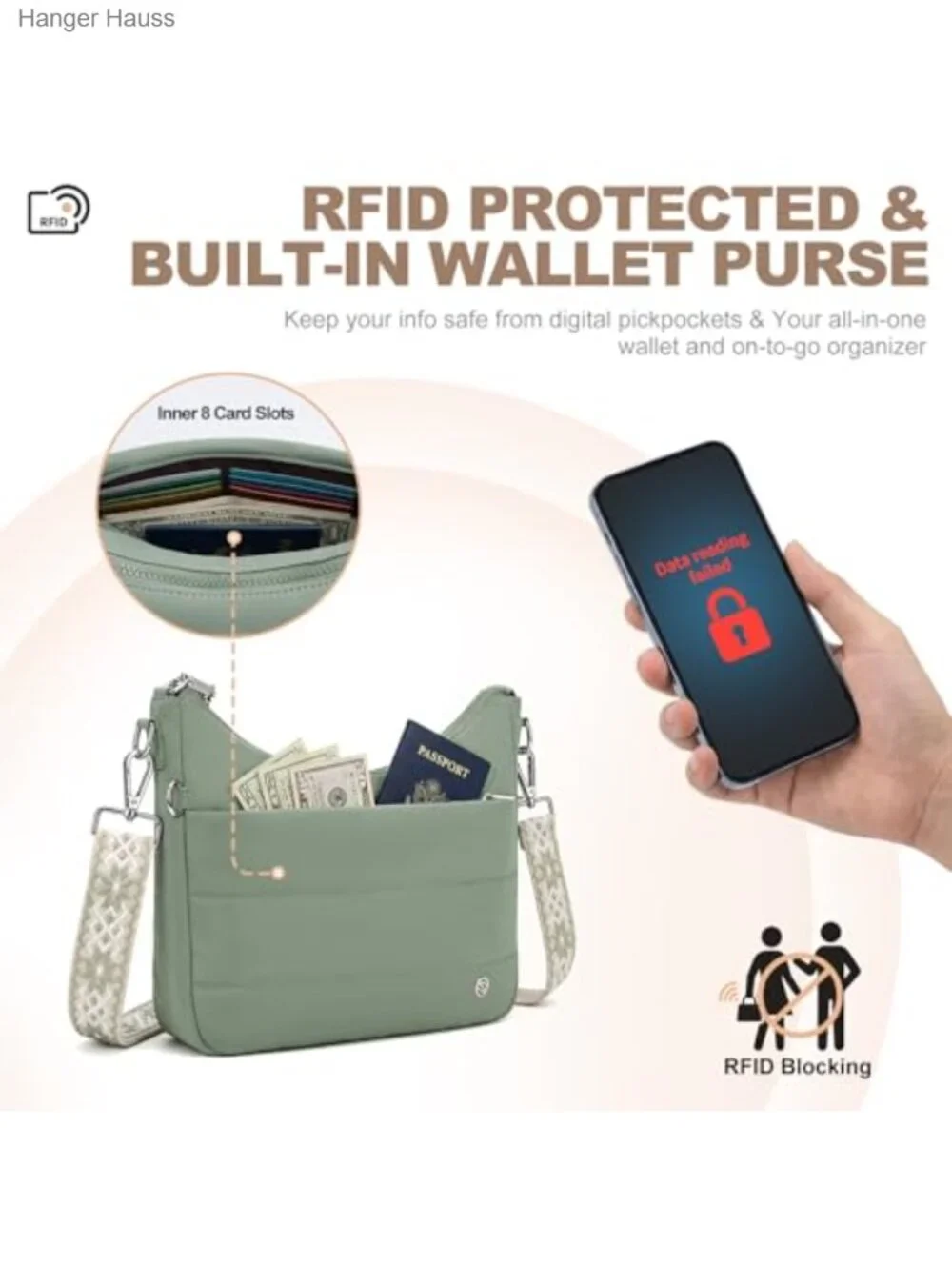 Anti-Theft RFID Blocking Quilted Nylon Crossbody Hobo Bag with Wallet